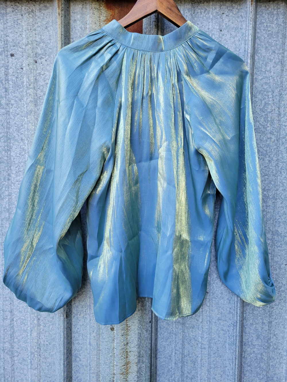 Ciebon Teal Blouse with Metallic Gold Sheen and Tassel Tie - Picture 5 of 12